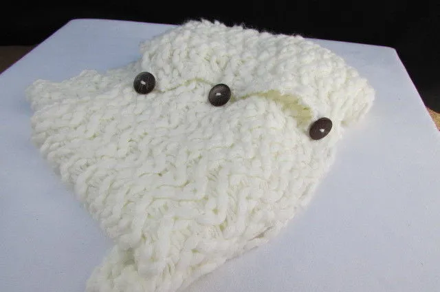 White Black Wide Scarf Soft Fabric Winter Shawl 3 Brown Wood Buttons Accessories