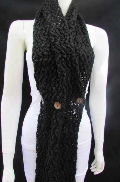 White Black Wide Scarf Soft Fabric Winter Shawl 3 Brown Wood Buttons Accessories