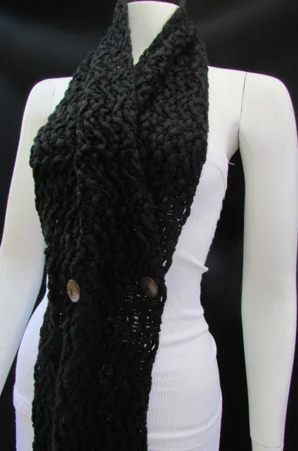 White Black Wide Scarf Soft Fabric Winter Shawl 3 Brown Wood Buttons Accessories