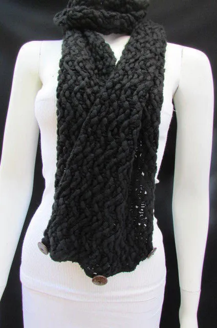 White Black Wide Scarf Soft Fabric Winter Shawl 3 Brown Wood Buttons Accessories