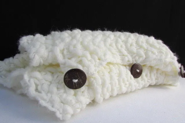 White Black Wide Scarf Soft Fabric Winter Shawl 3 Brown Wood Buttons Accessories