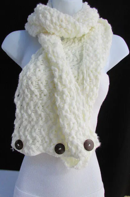 White Black Wide Scarf Soft Fabric Winter Shawl 3 Brown Wood Buttons Accessories