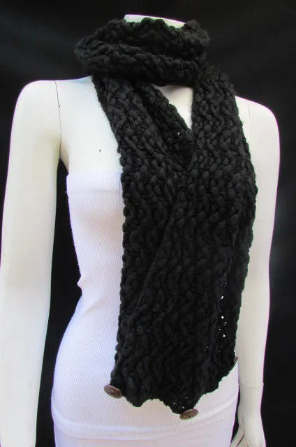 White Black Wide Scarf Soft Fabric Winter Shawl 3 Brown Wood Buttons Accessories