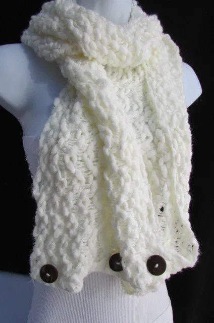 White Black Wide Scarf Soft Fabric Winter Shawl 3 Brown Wood Buttons Accessories