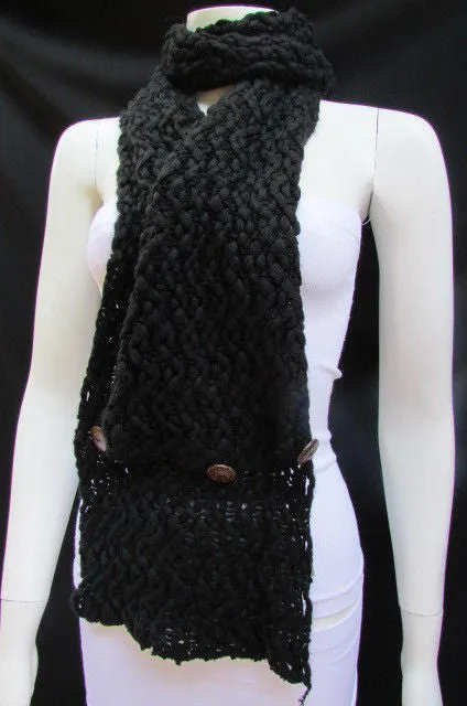 White Black Wide Scarf Soft Fabric Winter Shawl 3 Brown Wood Buttons Accessories