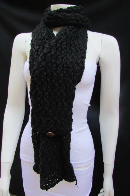 White Black Wide Scarf Soft Fabric Winter Shawl 3 Brown Wood Buttons Accessories