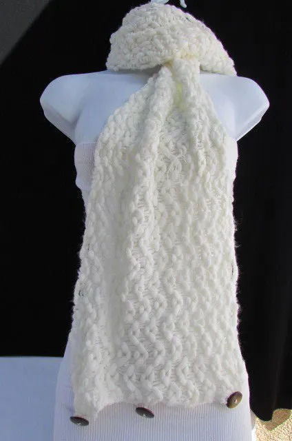 White Black Wide Scarf Soft Fabric Winter Shawl 3 Brown Wood Buttons Accessories
