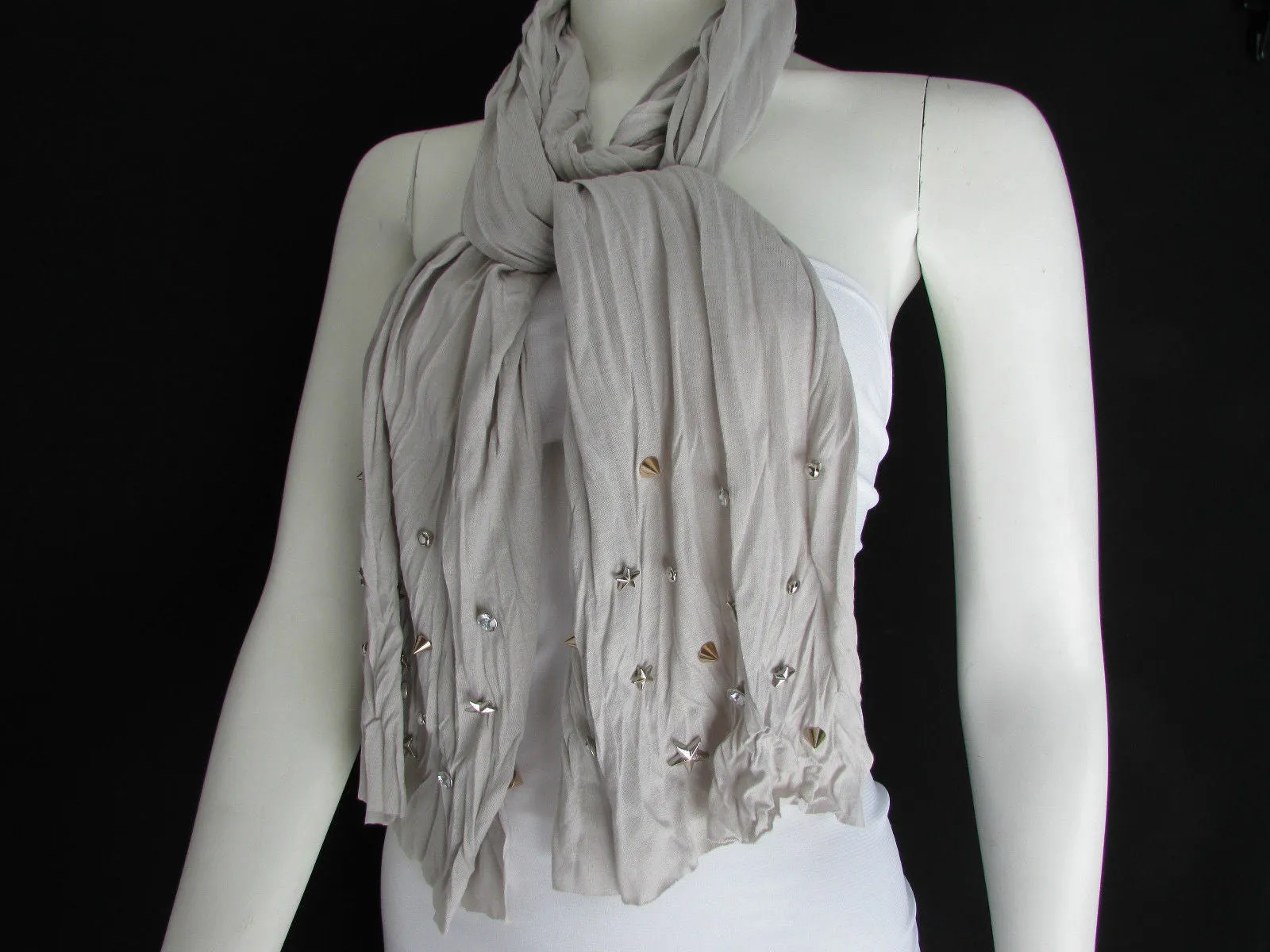 White Blue Gray Black Scarf Long Necklace Silver Metal Stars Studs Soft Fabric