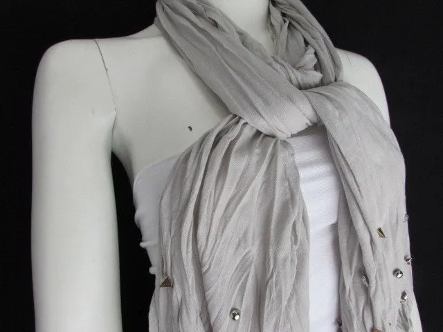 White Blue Gray Black Scarf Long Necklace Silver Metal Stars Studs Soft Fabric