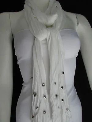 White Blue Gray Black Scarf Long Necklace Silver Metal Stars Studs Soft Fabric