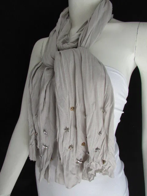 White Blue Gray Black Scarf Long Necklace Silver Metal Stars Studs Soft Fabric