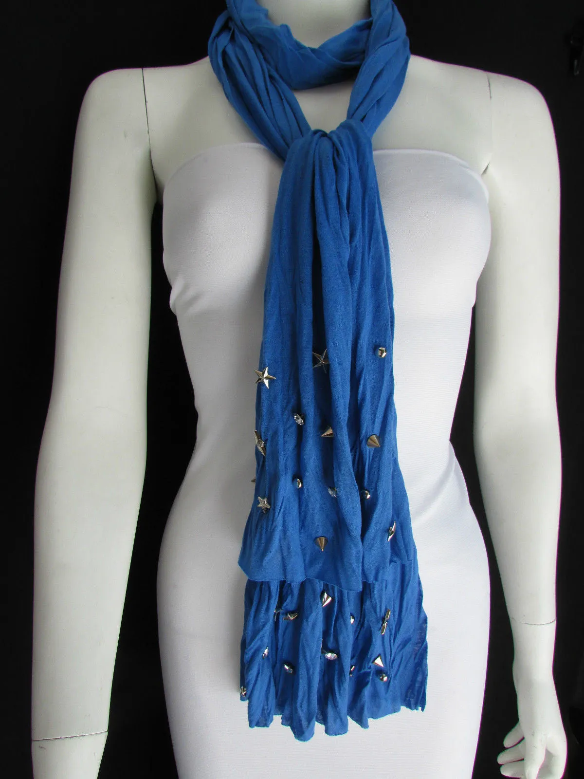 White Blue Gray Black Scarf Long Necklace Silver Metal Stars Studs Soft Fabric