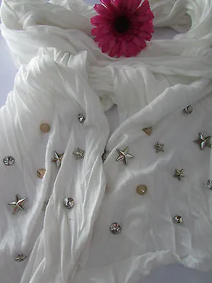 White Blue Gray Black Scarf Long Necklace Silver Metal Stars Studs Soft Fabric