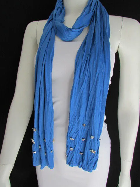 White Blue Gray Black Scarf Long Necklace Silver Metal Stars Studs Soft Fabric