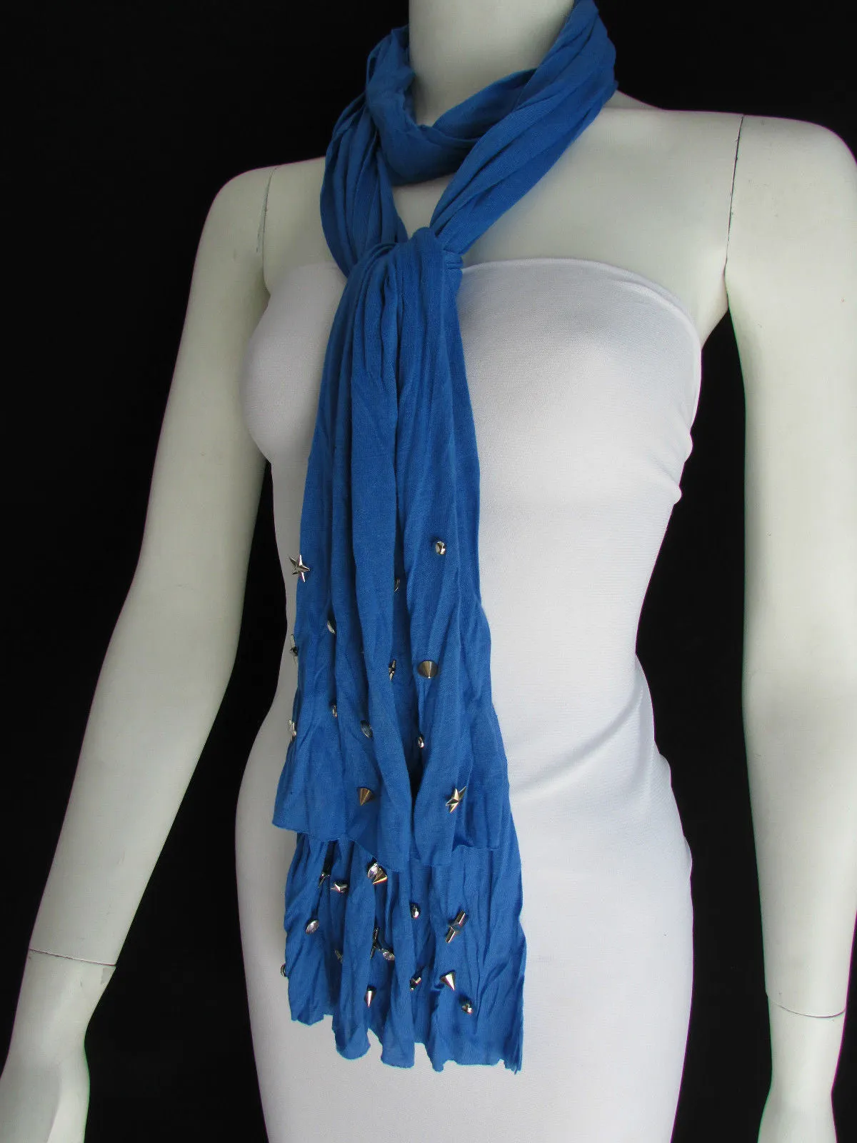 White Blue Gray Black Scarf Long Necklace Silver Metal Stars Studs Soft Fabric