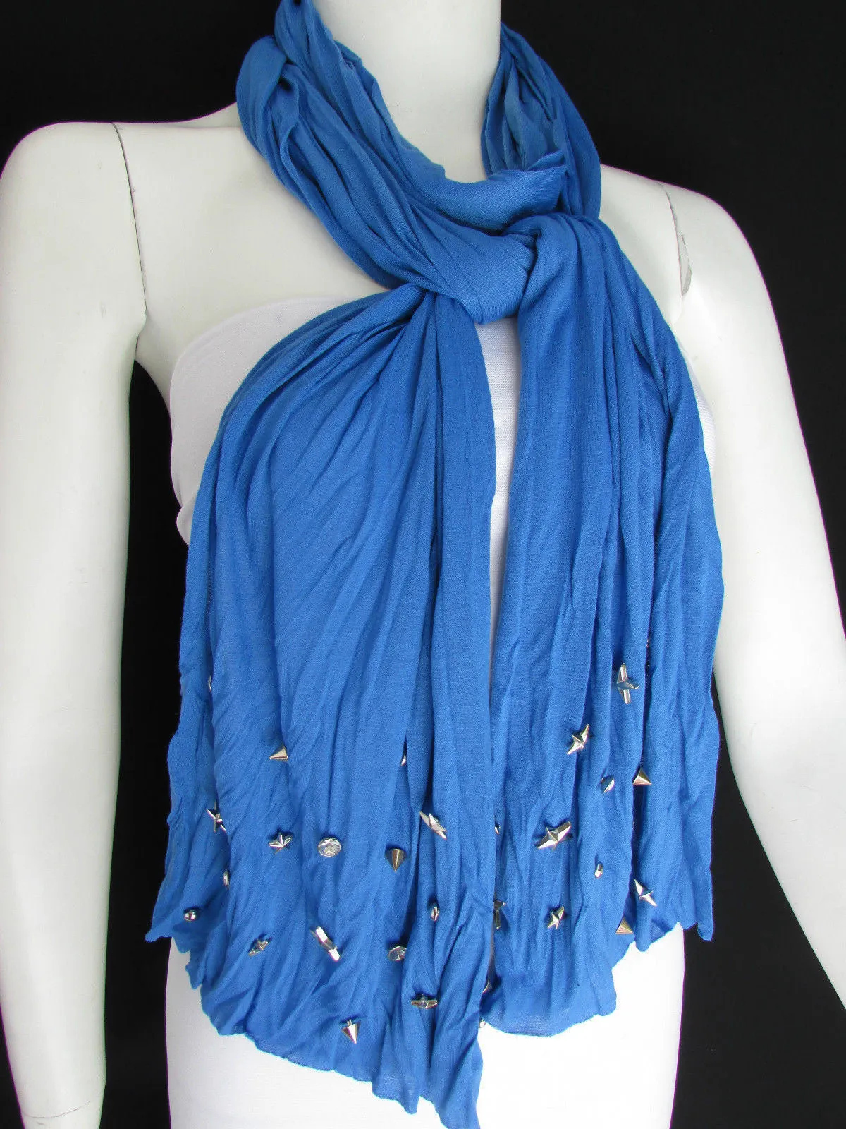 White Blue Gray Black Scarf Long Necklace Silver Metal Stars Studs Soft Fabric