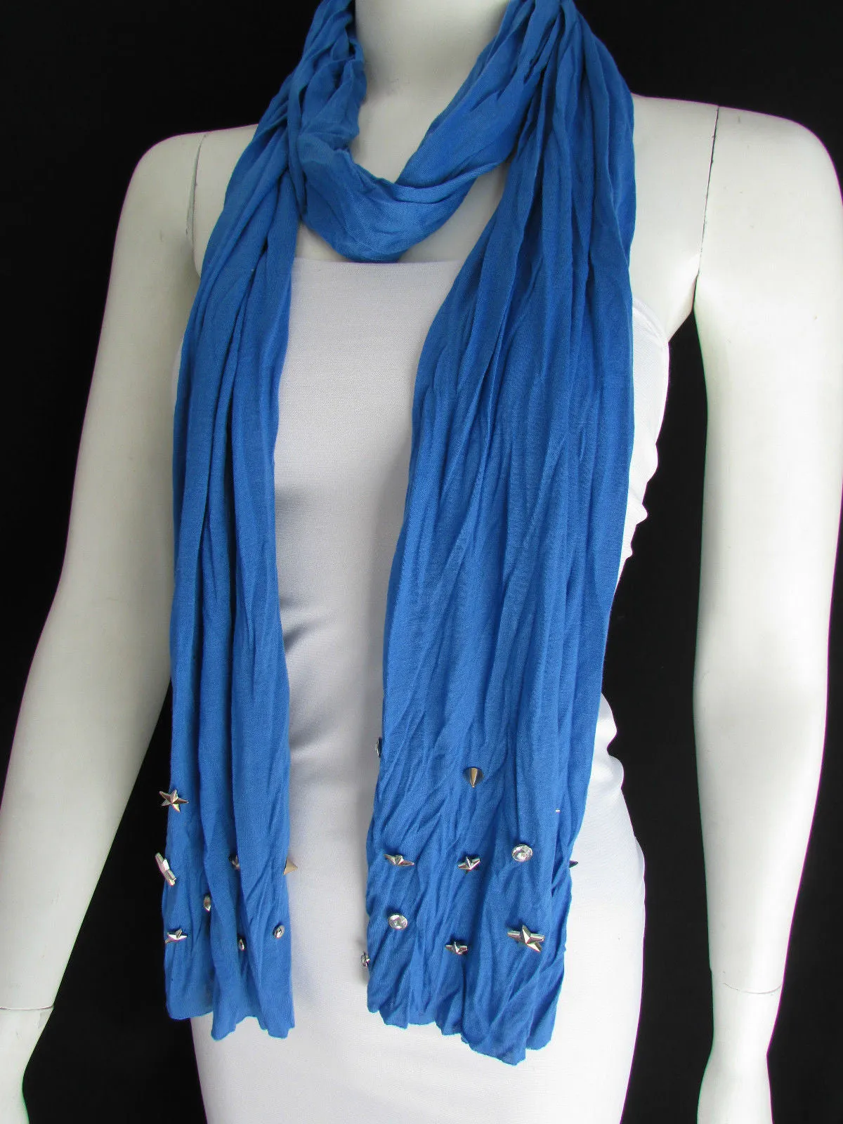 White Blue Gray Black Scarf Long Necklace Silver Metal Stars Studs Soft Fabric