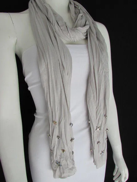 White Blue Gray Black Scarf Long Necklace Silver Metal Stars Studs Soft Fabric
