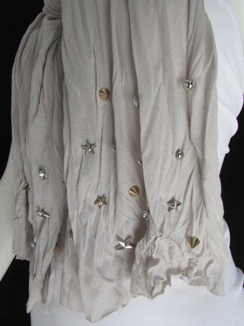 White Blue Gray Black Scarf Long Necklace Silver Metal Stars Studs Soft Fabric