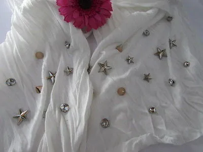 White Blue Gray Black Scarf Long Necklace Silver Metal Stars Studs Soft Fabric