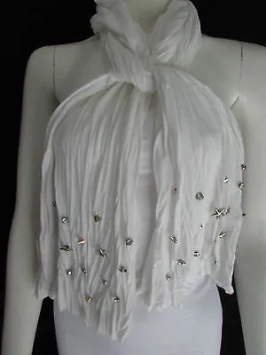 White Blue Gray Black Scarf Long Necklace Silver Metal Stars Studs Soft Fabric