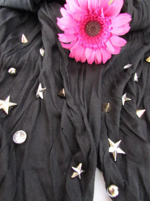White Blue Gray Black Scarf Long Necklace Silver Metal Stars Studs Soft Fabric