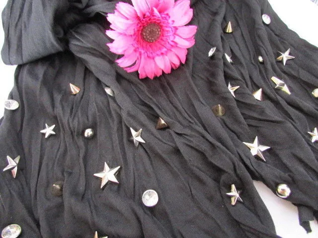 White Blue Gray Black Scarf Long Necklace Silver Metal Stars Studs Soft Fabric