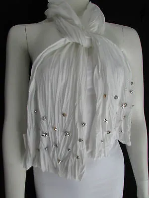 White Blue Gray Black Scarf Long Necklace Silver Metal Stars Studs Soft Fabric