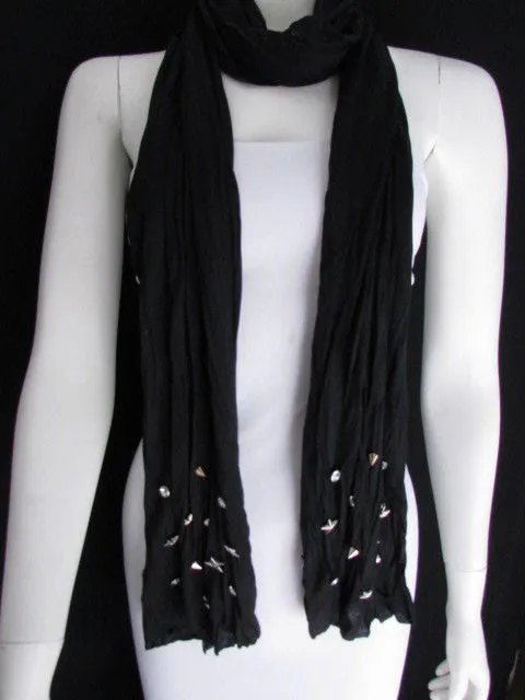 White Blue Gray Black Scarf Long Necklace Silver Metal Stars Studs Soft Fabric