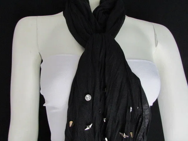 White Blue Gray Black Scarf Long Necklace Silver Metal Stars Studs Soft Fabric