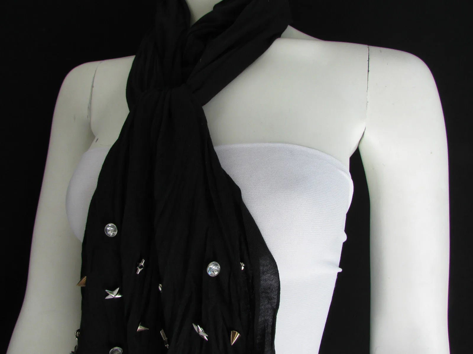 White Blue Gray Black Scarf Long Necklace Silver Metal Stars Studs Soft Fabric
