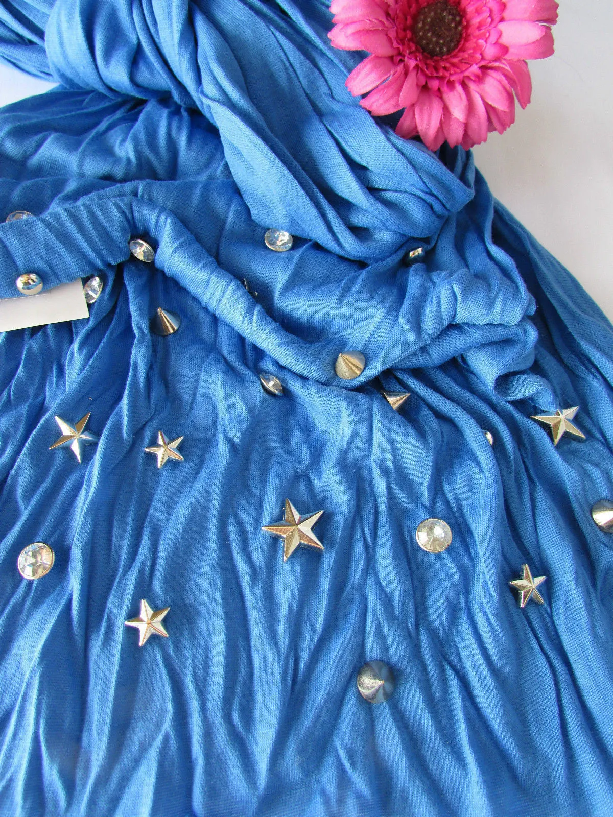 White Blue Gray Black Scarf Long Necklace Silver Metal Stars Studs Soft Fabric