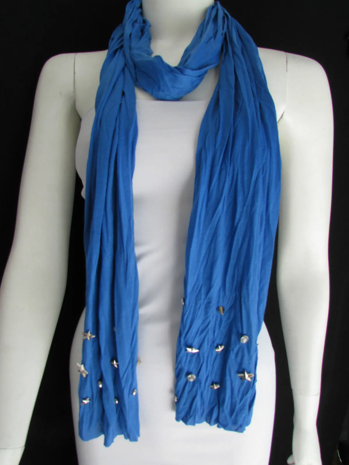 White Blue Gray Black Scarf Long Necklace Silver Metal Stars Studs Soft Fabric
