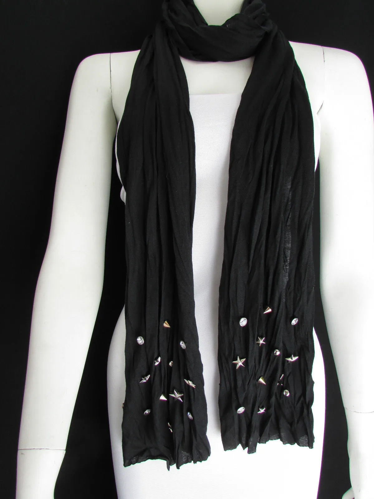 White Blue Gray Black Scarf Long Necklace Silver Metal Stars Studs Soft Fabric