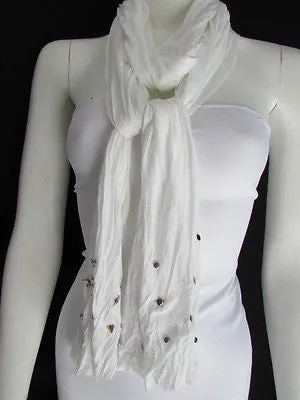 White Blue Gray Black Scarf Long Necklace Silver Metal Stars Studs Soft Fabric