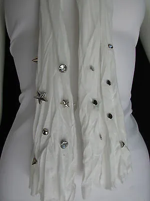 White Blue Gray Black Scarf Long Necklace Silver Metal Stars Studs Soft Fabric