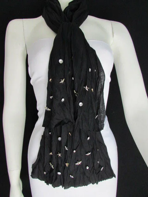 White Blue Gray Black Scarf Long Necklace Silver Metal Stars Studs Soft Fabric