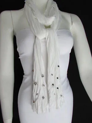 White Blue Gray Black Scarf Long Necklace Silver Metal Stars Studs Soft Fabric