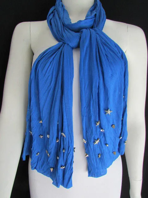 White Blue Gray Black Scarf Long Necklace Silver Metal Stars Studs Soft Fabric
