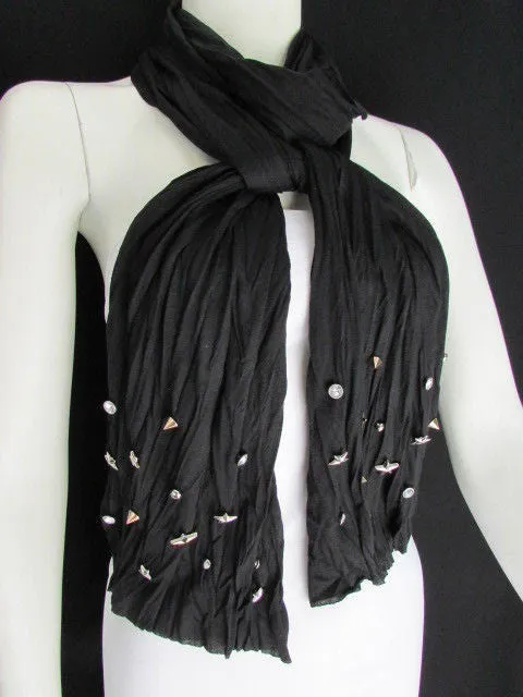 White Blue Gray Black Scarf Long Necklace Silver Metal Stars Studs Soft Fabric