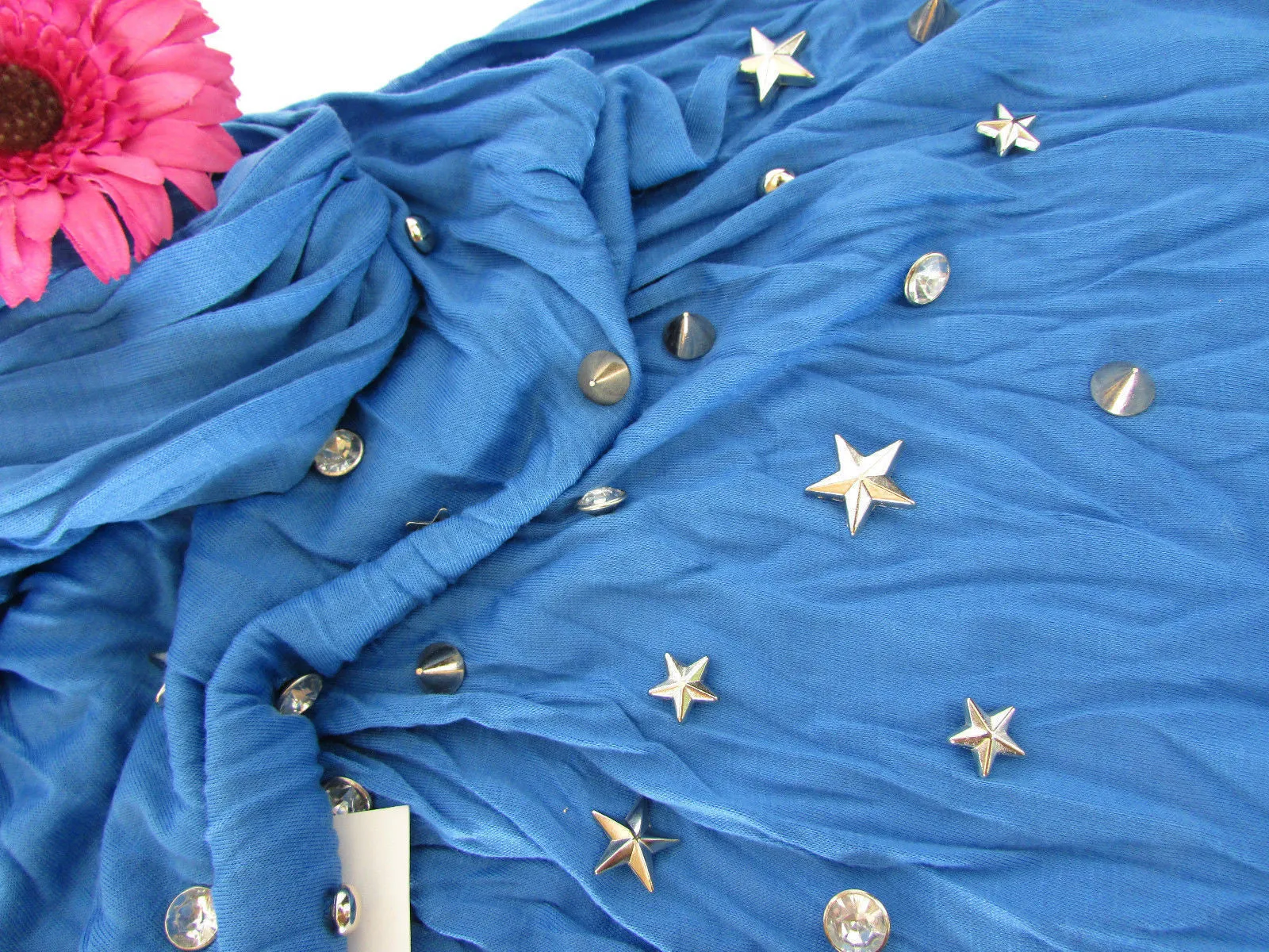 White Blue Gray Black Scarf Long Necklace Silver Metal Stars Studs Soft Fabric