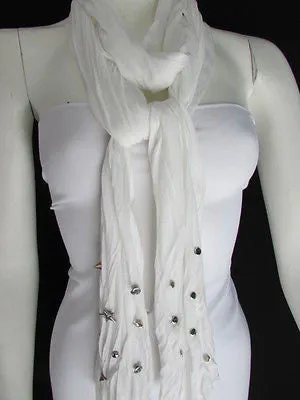 White Blue Gray Black Scarf Long Necklace Silver Metal Stars Studs Soft Fabric