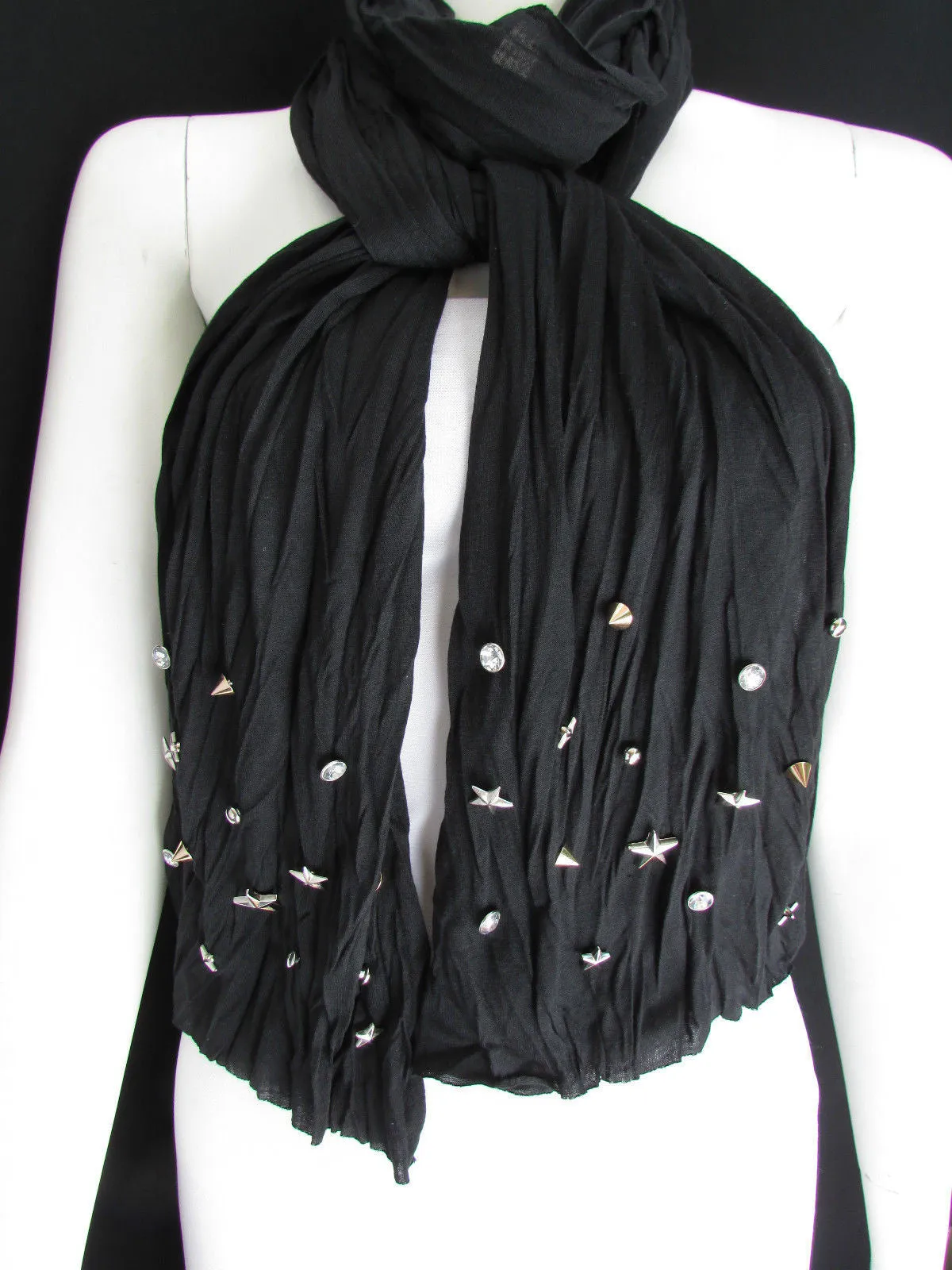 White Blue Gray Black Scarf Long Necklace Silver Metal Stars Studs Soft Fabric