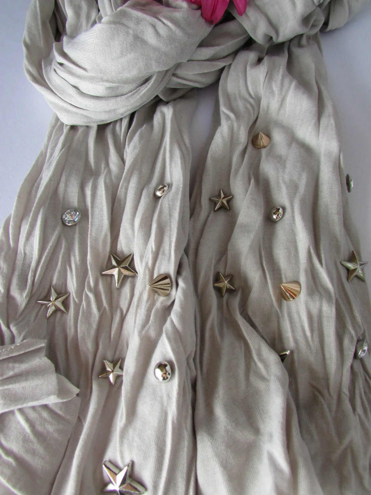 White Blue Gray Black Scarf Long Necklace Silver Metal Stars Studs Soft Fabric