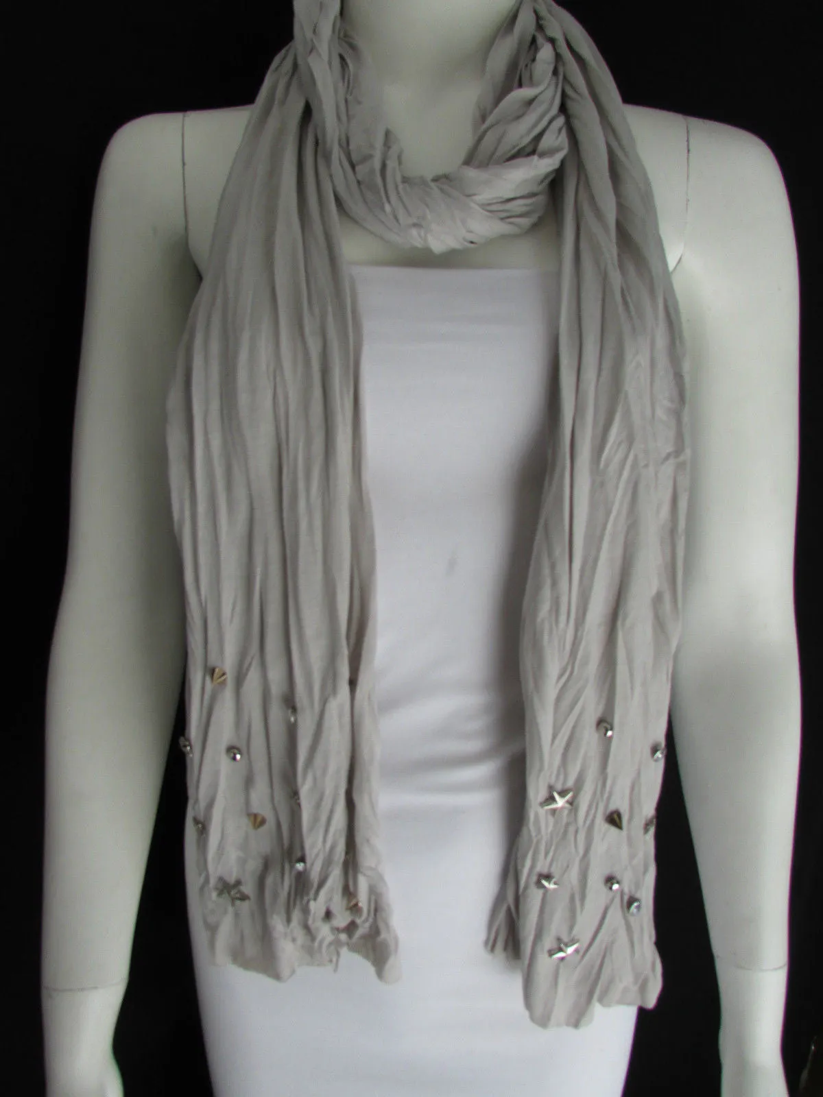 White Blue Gray Black Scarf Long Necklace Silver Metal Stars Studs Soft Fabric
