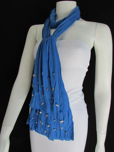 White Blue Gray Black Scarf Long Necklace Silver Metal Stars Studs Soft Fabric