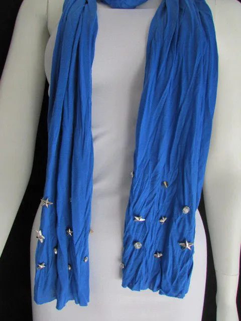 White Blue Gray Black Scarf Long Necklace Silver Metal Stars Studs Soft Fabric