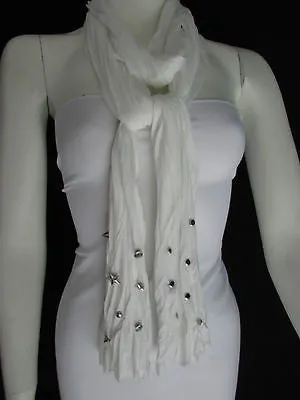 White Blue Gray Black Scarf Long Necklace Silver Metal Stars Studs Soft Fabric