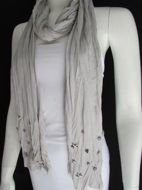 White Blue Gray Black Scarf Long Necklace Silver Metal Stars Studs Soft Fabric