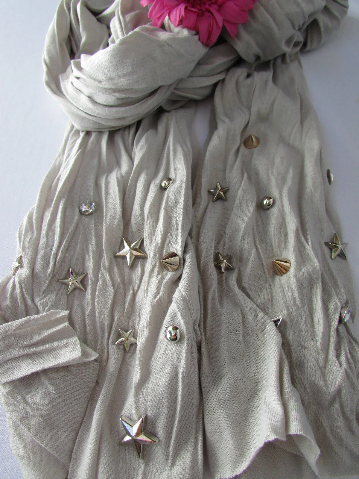 White Blue Gray Black Scarf Long Necklace Silver Metal Stars Studs Soft Fabric
